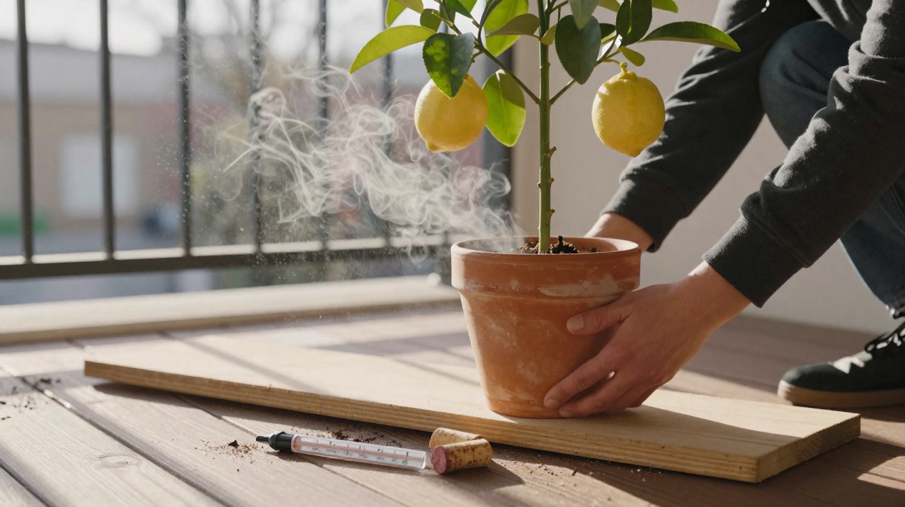 Person placing a terracotta pot with a lemon tree on a wooden plank next to a thermometer and cork on a sunlit floor.