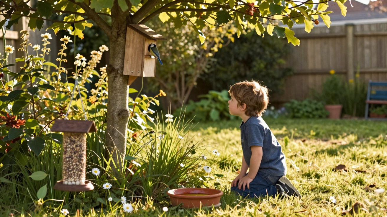 Young boy kneeling on grass, looking at a wooden birdhouse hanging on a tree in a sunny garden.