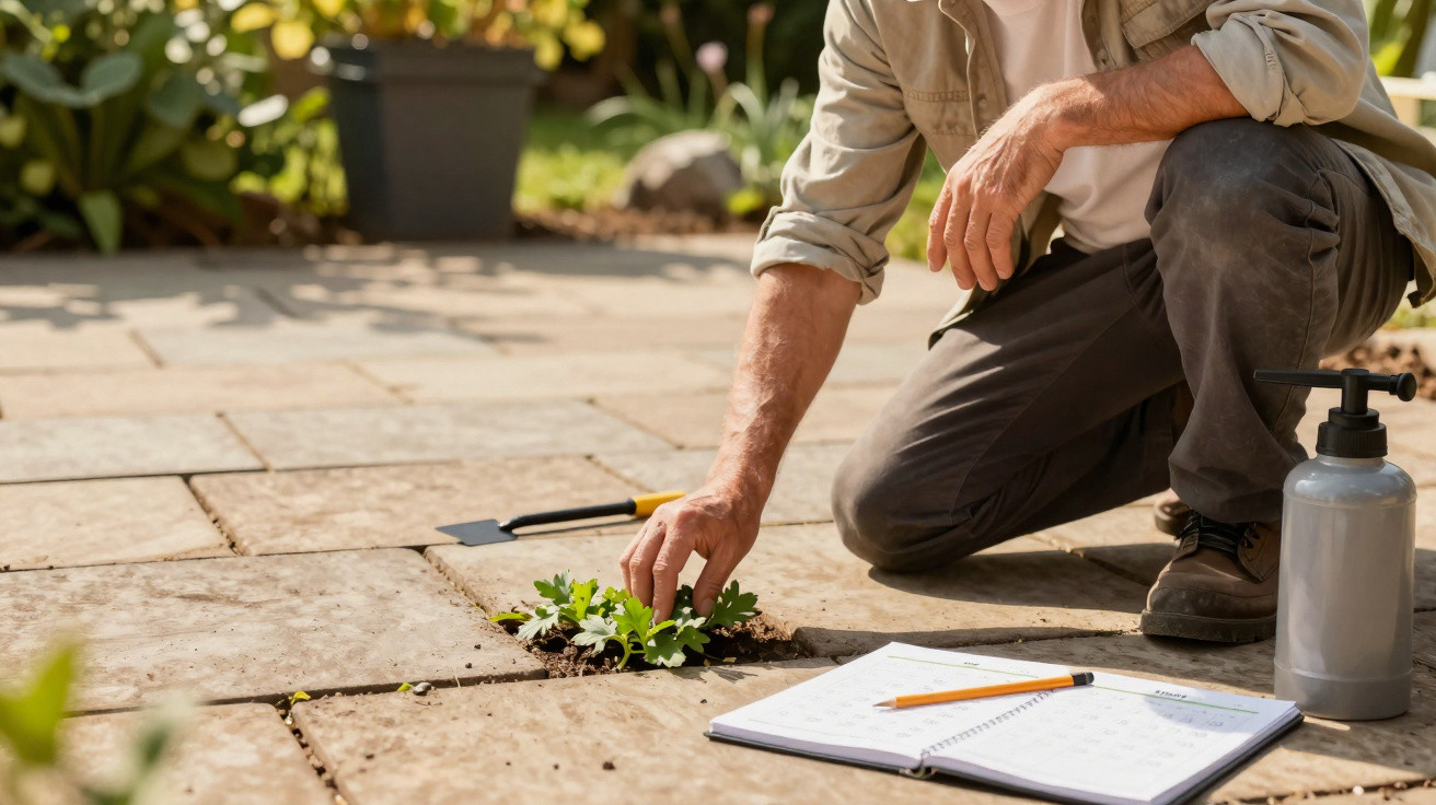 Person planting small green seedlings in cracks between patio stones with gardening tools nearby.