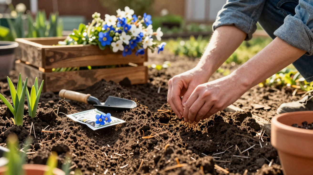 Person planting seeds in soil with trowel, seed packet, flowers, and wooden crate in garden setting.