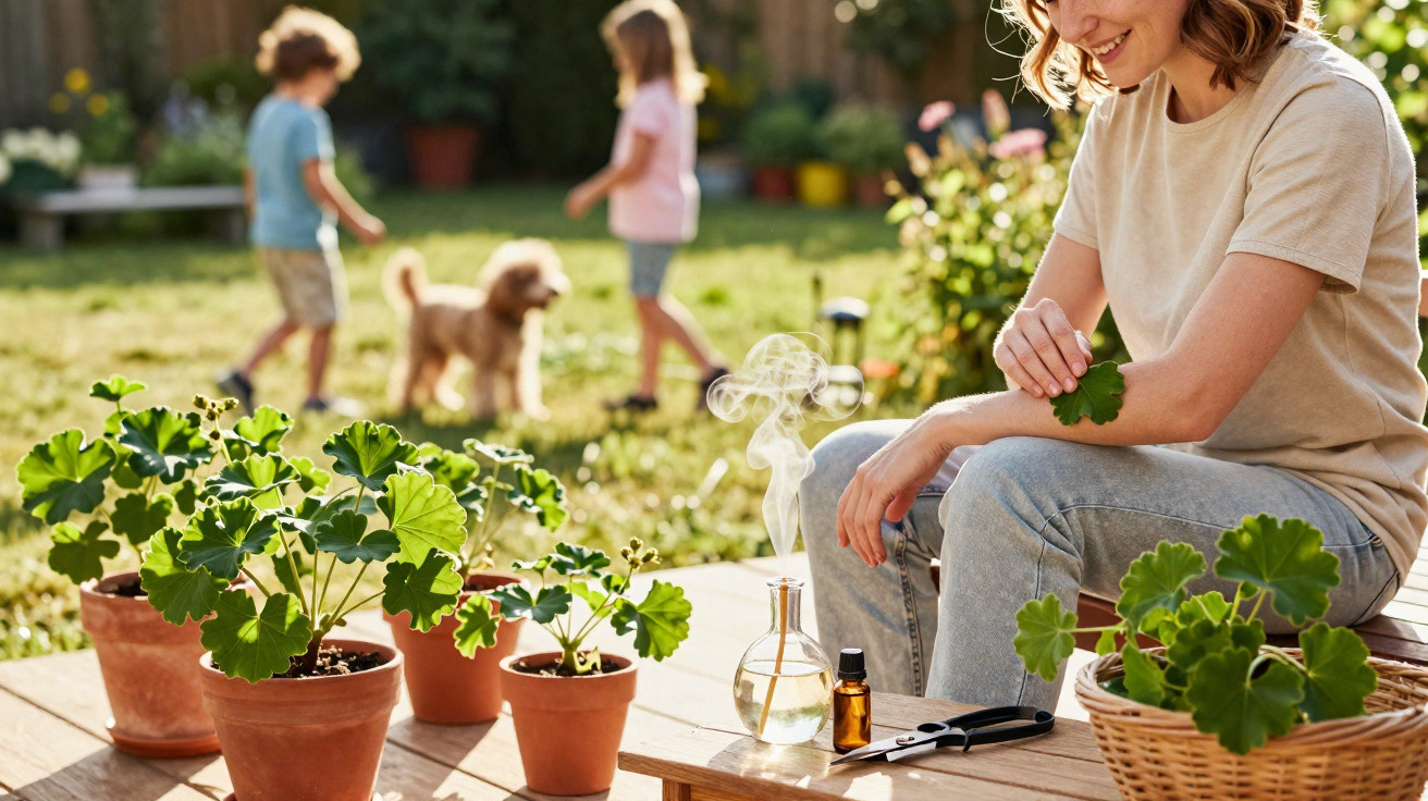 Woman sitting on porch smelling fresh herbs with children and dog playing in garden background