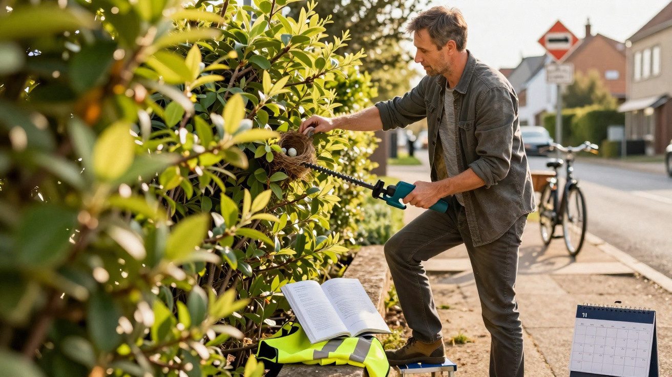 Man trimming hedge carefully holding bird's nest with eggs in suburban street during daylight.