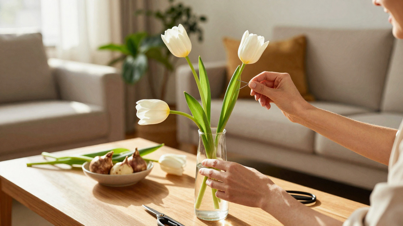 Person arranging white tulips in a glass vase on a wooden table in a bright living room.