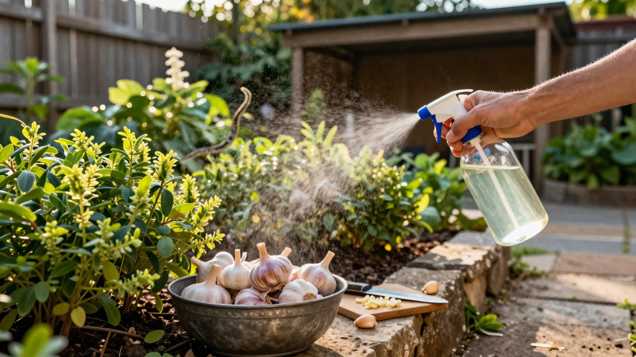Hand spraying liquid from a spray bottle onto garlic heads in a garden setting with plants and a wooden fence.
