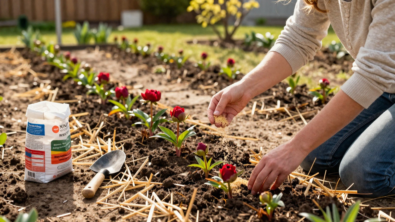 Person spreading fertiliser on soil around red flowering plants in a garden bed with gardening tools nearby.