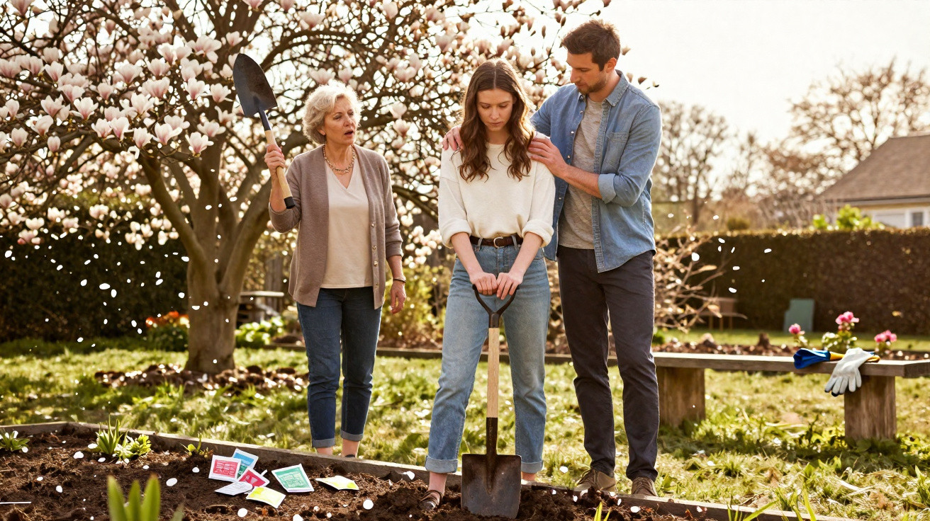 Young woman holding a shovel looks down worried as an older woman and a man console her in a garden.