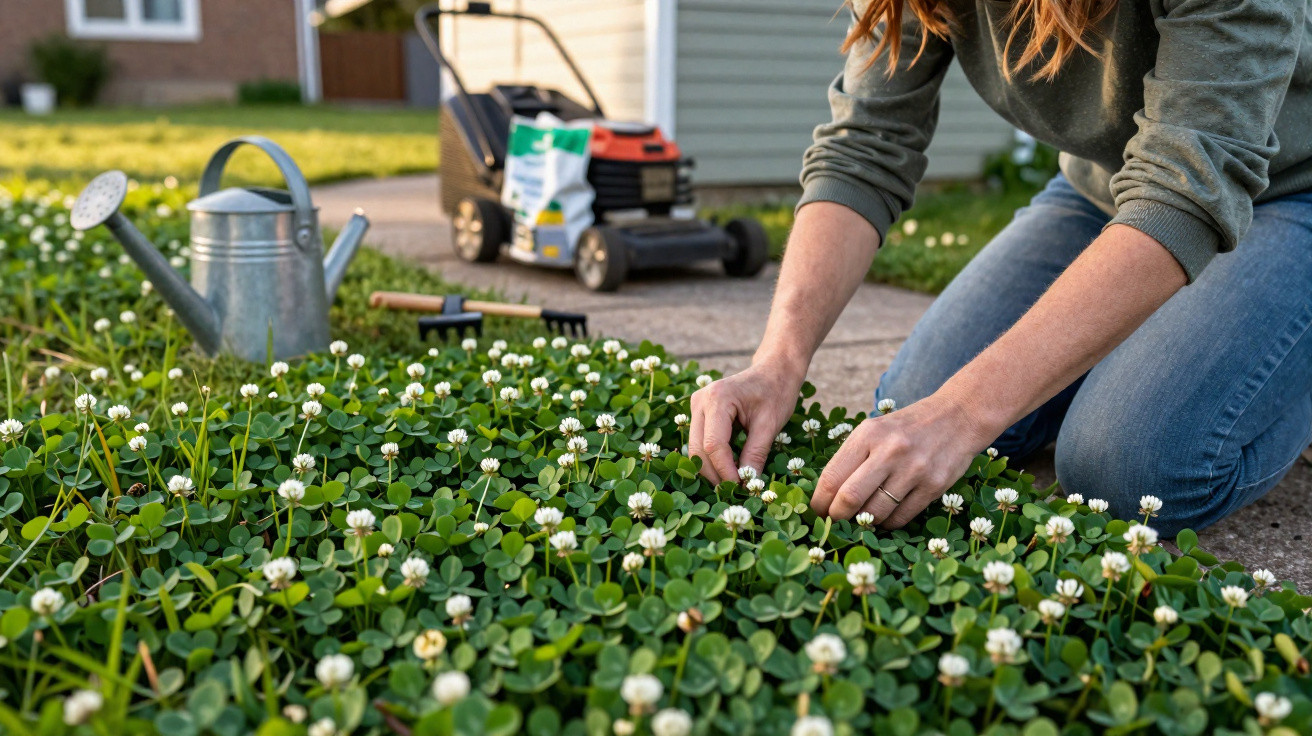 Person weeding white clover flowers in a garden with watering can, rake, and lawn mower in background.