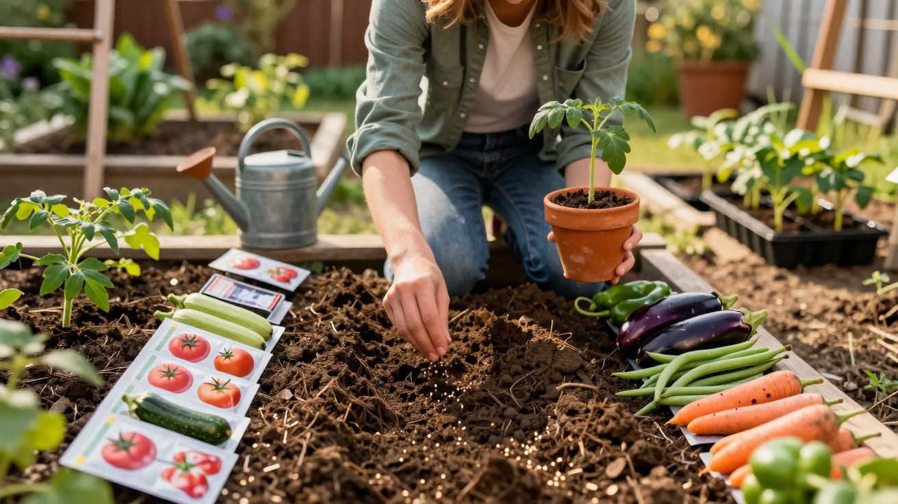 Person hand sowing seeds in a raised garden bed with seedlings, vegetables, and seed packets nearby.