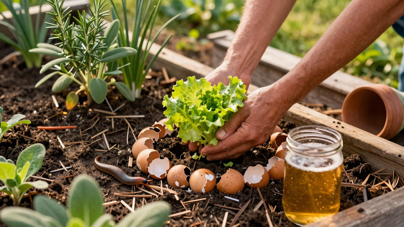Hands planting green lettuce in soil surrounded by eggshells and a jar of liquid in a garden bed.