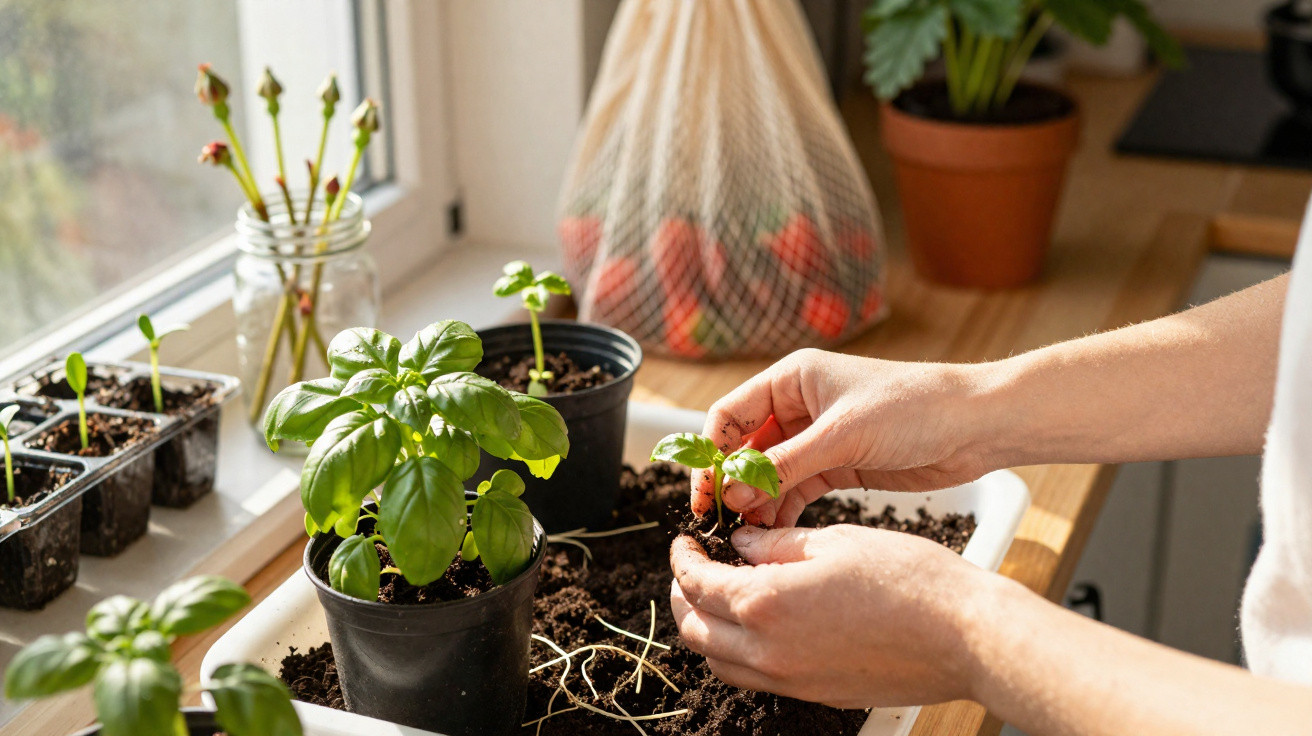 Hands transplanting a small basil seedling into soil with potted basil plants and seedlings on a windowsill.