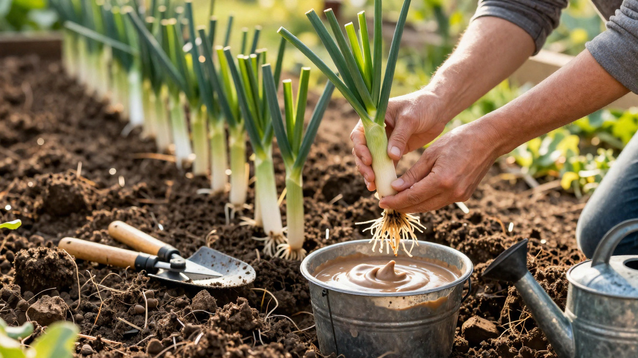 Person holding a leek with roots above a bucket of water, with gardening tools and leek plants in soil.