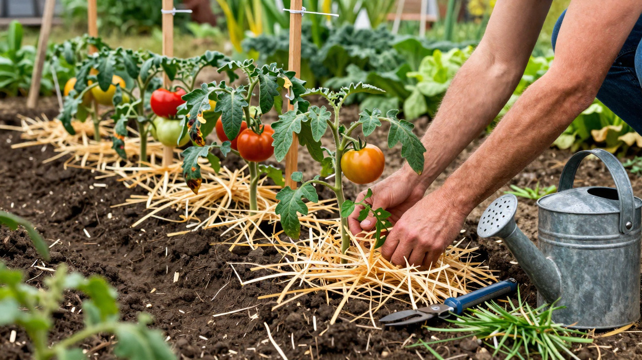 Hands tending to tomato plants in a garden bed with straw mulch, a watering can, and gardening shears nearby.