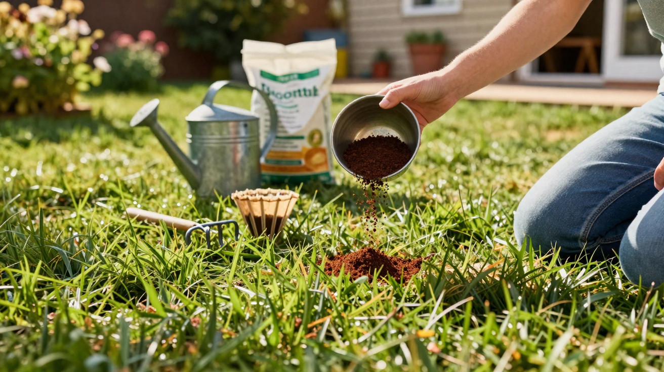 Person spreading fertiliser granules on green lawn with garden tools and watering can nearby.