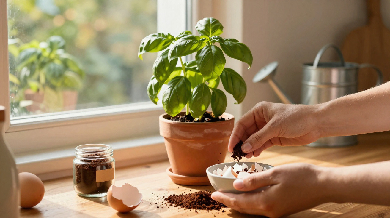Hands adding coffee grounds to eggshells beside a basil plant on a wooden windowsill.