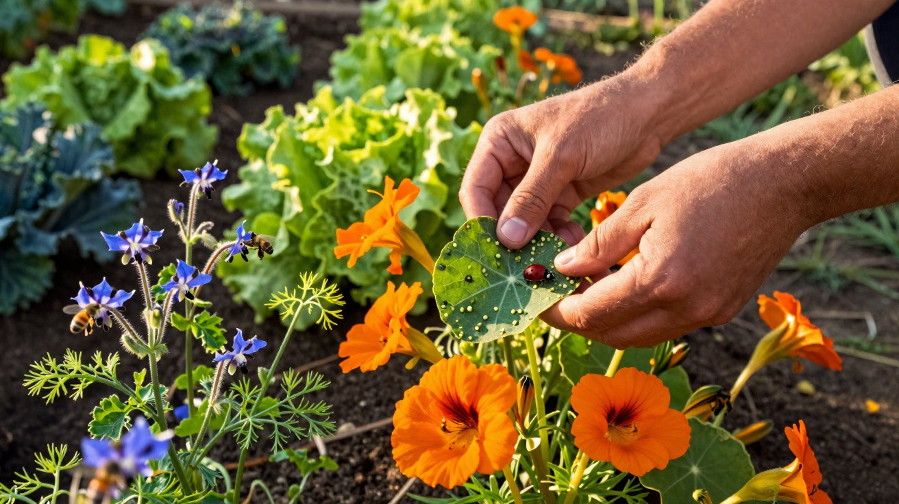 Hands inspecting a leaf with a ladybird among vibrant orange and blue flowers in a garden bed.