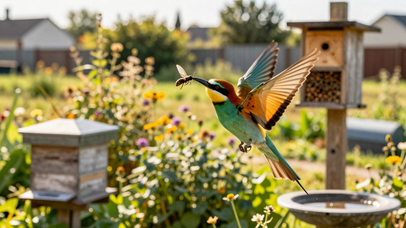 European bee-eater in flight with a bee in its beak over a garden with birdhouses and flowers.