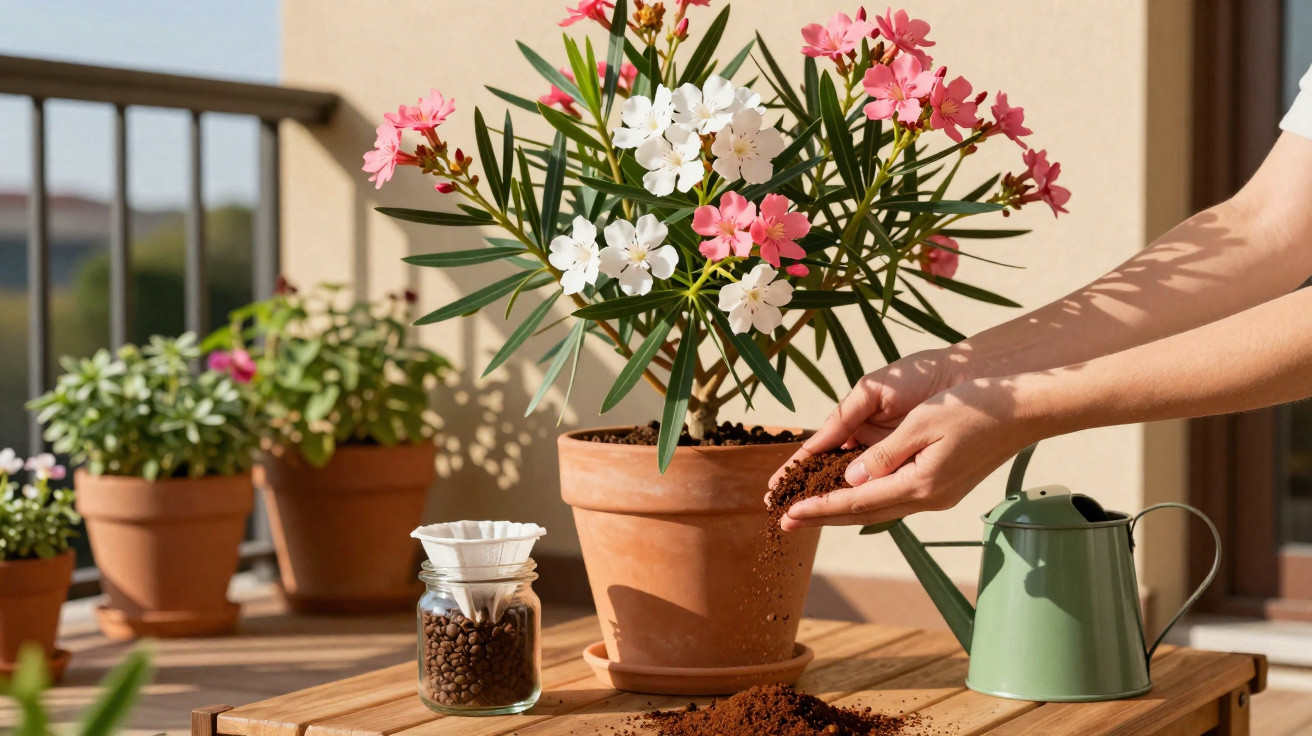 Hands adding soil to a terracotta pot with pink and white flowers on a wooden table outdoors.