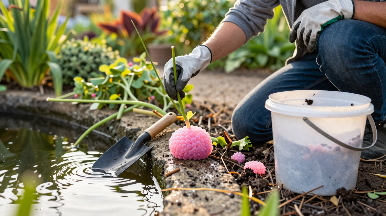 Person wearing gloves planting pink bubble-like plants by a garden pond with a trowel and bucket nearby.