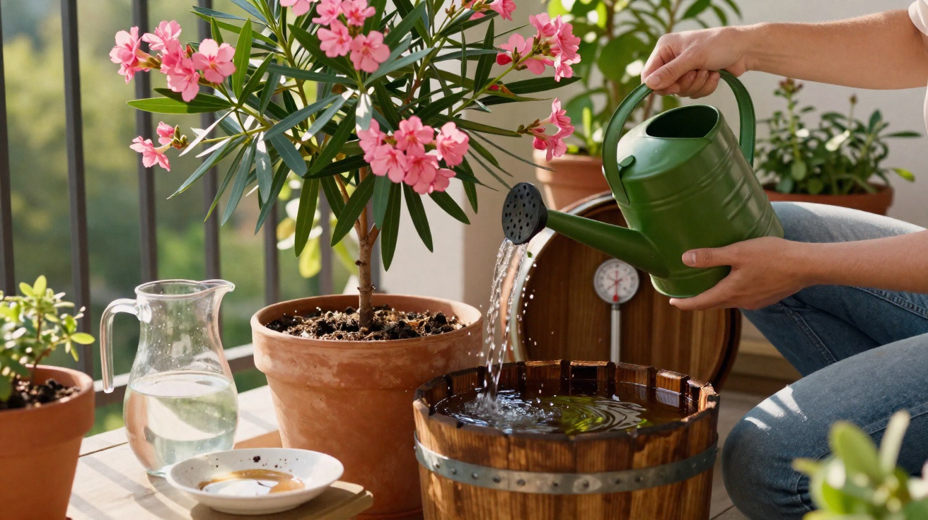 Person watering a wooden barrel planter with a green watering can near pink flowering plant on balcony.