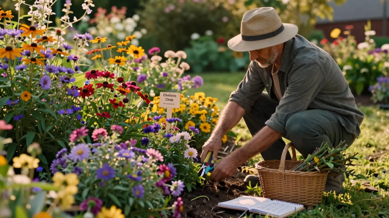 Man wearing a hat tending colourful flowers in a garden with a wicker basket and a notebook nearby.