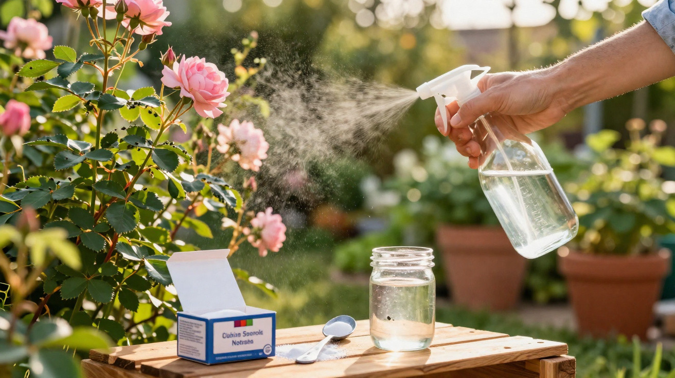 Hand spraying liquid from a spray bottle onto pink roses in a garden with a wooden table holding a jar and medicine box.