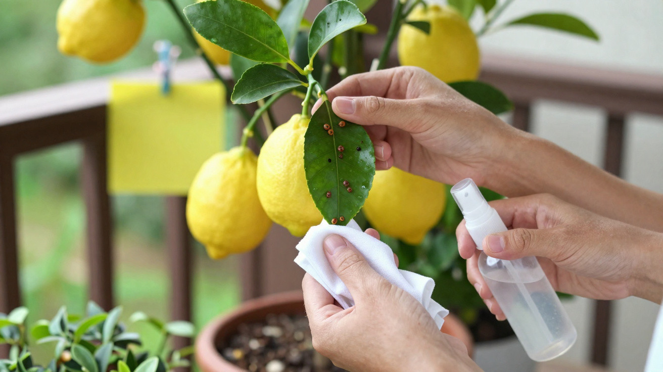 Hands spraying and wiping pests off a lemon tree leaf indoors with yellow lemons in the background.