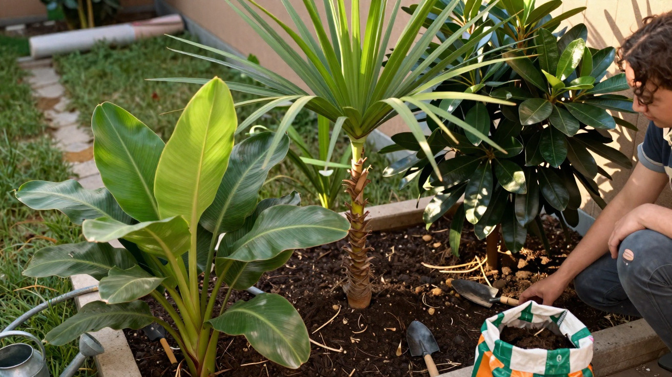 Person planting tropical plants in a garden bed with tools and a bag of soil nearby.