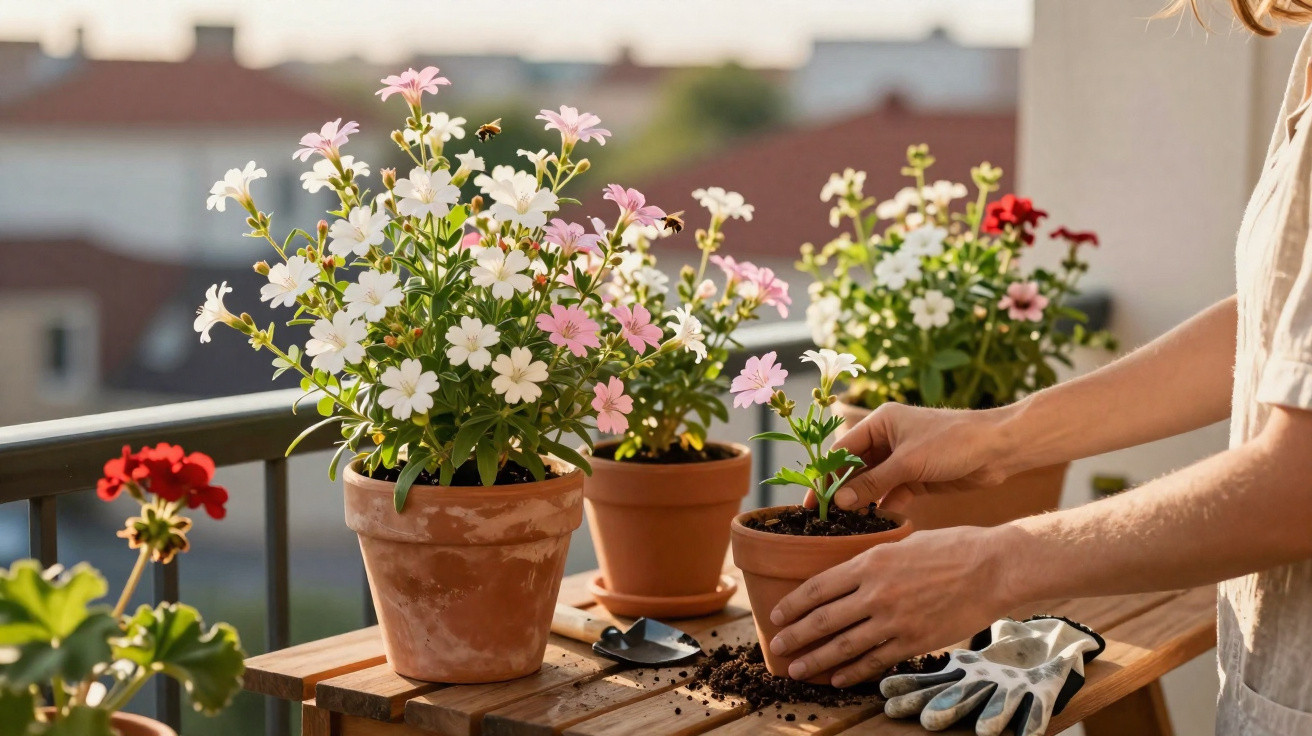 Person gardening with pink and white flowers in terracotta pots on a balcony table in soft sunlight.