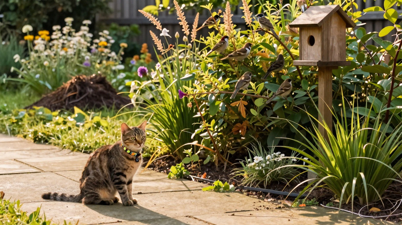 Tabby cat sitting on a garden path near a birdhouse with small birds perched on nearby plants.