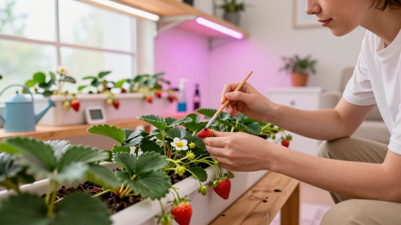 Person carefully painting or brushing a ripe strawberry on a plant in an indoor garden setup.