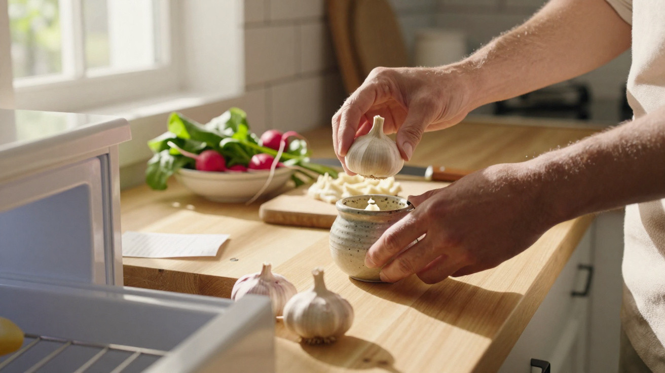 Hands preparing garlic in a ceramic bowl on a wooden kitchen countertop with radishes and an open fridge nearby.
