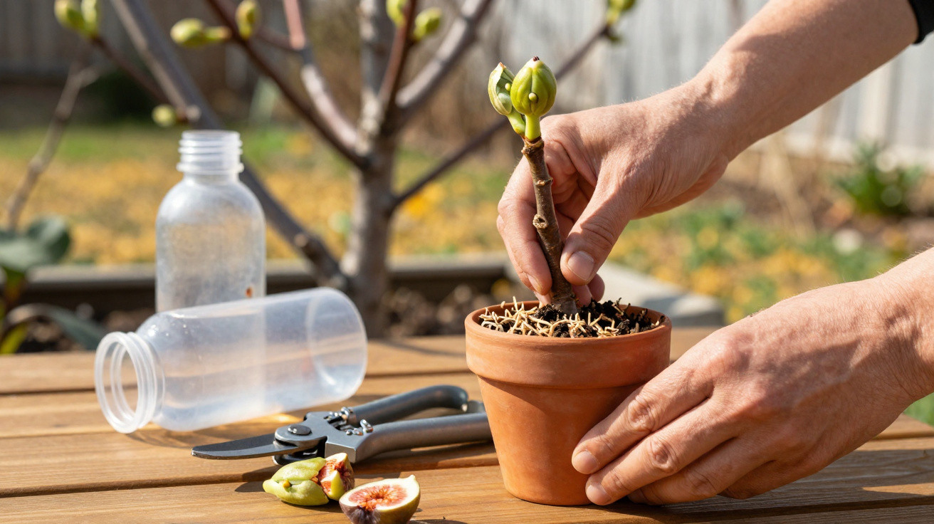 Hands planting a small fig tree cutting in a terracotta pot on a wooden table with gardening tools nearby.
