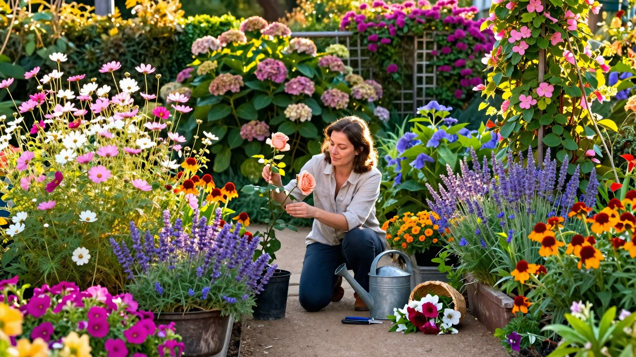 Woman tending to a rose plant surrounded by vibrant flowers in a sunlit garden.