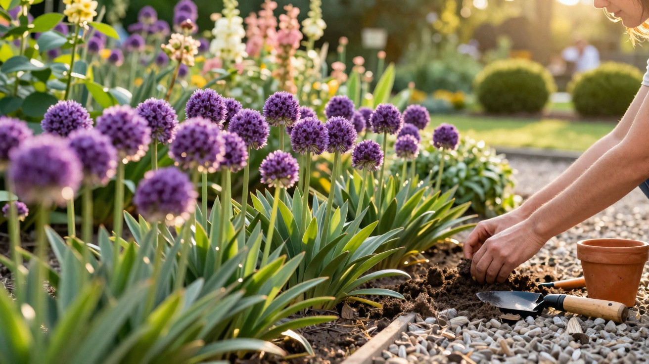 Purple allium flowers bloom in a garden bed while hands prepare soil for planting in sunlight.