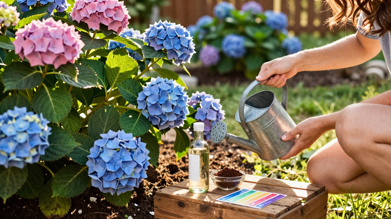 Person watering vibrant pink and blue hydrangeas in a sunny garden with gardening supplies nearby.