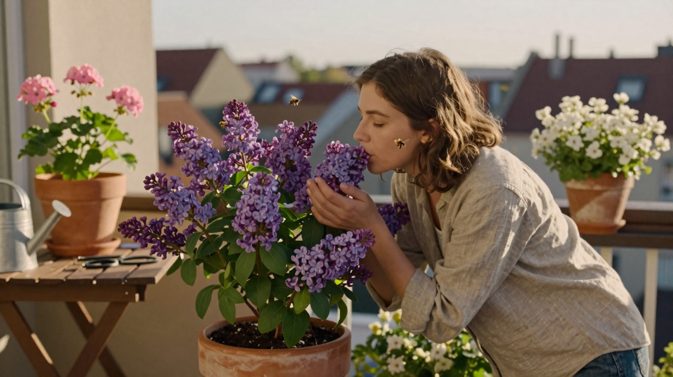 Woman smelling purple lilac flowers on a balcony with bees flying around in daytime.