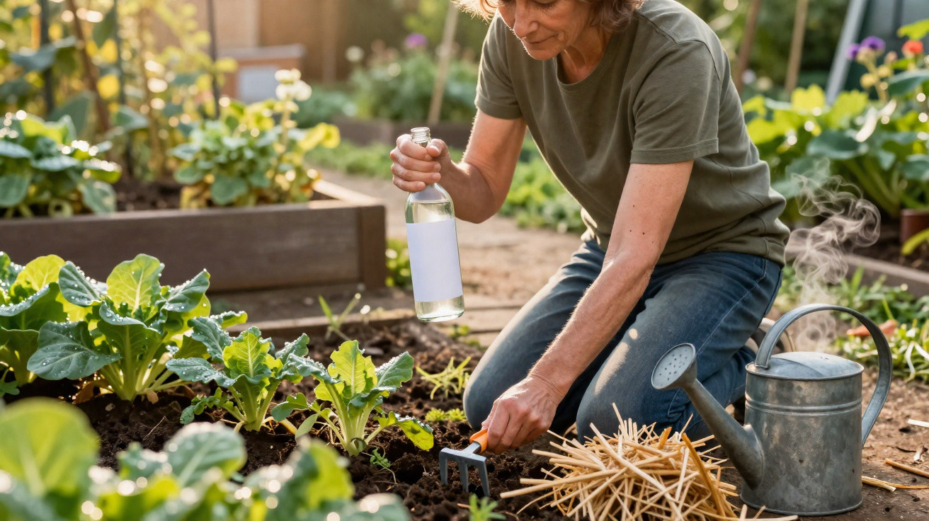 Person tending a vegetable garden, holding a bottle and using a hand rake among leafy plants.