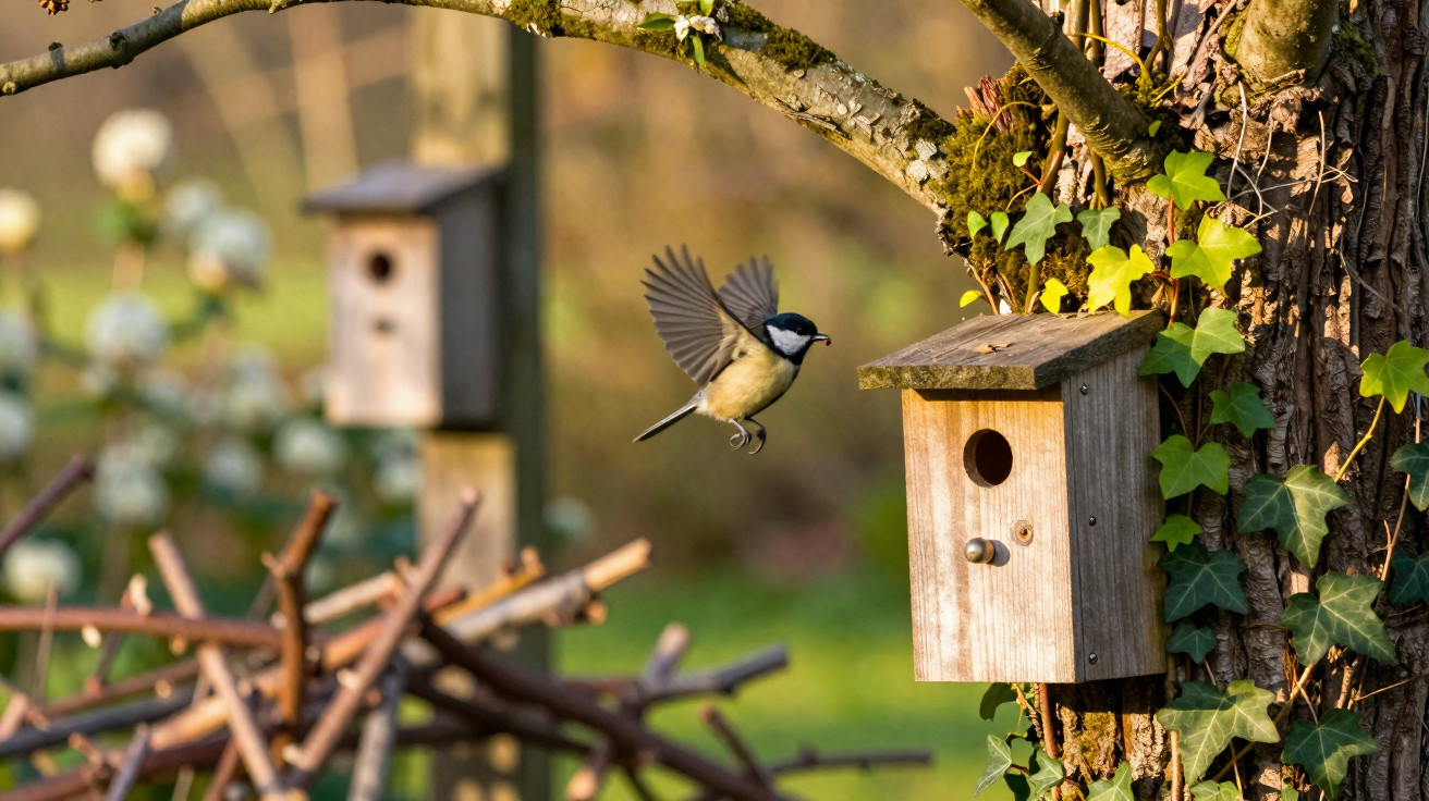 Great tit in mid-flight approaching a wooden birdhouse attached to a tree with ivy.