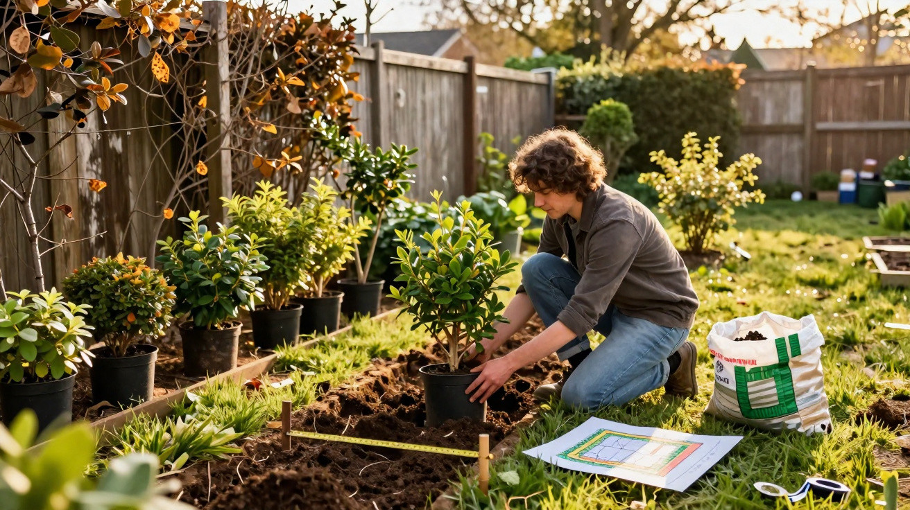 Person planting a shrub in a garden at sunset, surrounded by potted plants and gardening tools.