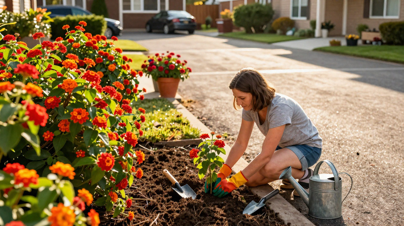 Woman gardening flowers by a roadside in a suburban neighbourhood on a sunny day, wearing gloves and casual clothes.