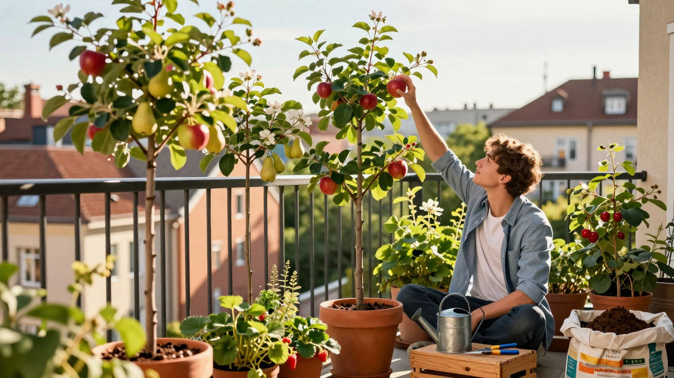 Young man picking apples from potted trees on a sunny balcony surrounded by plants and gardening tools.