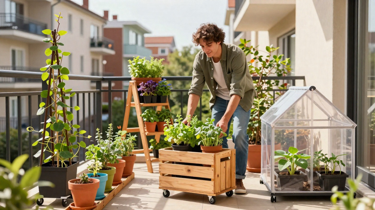 Young man tending plants on a balcony garden with pots and a small greenhouse on a sunny day.
