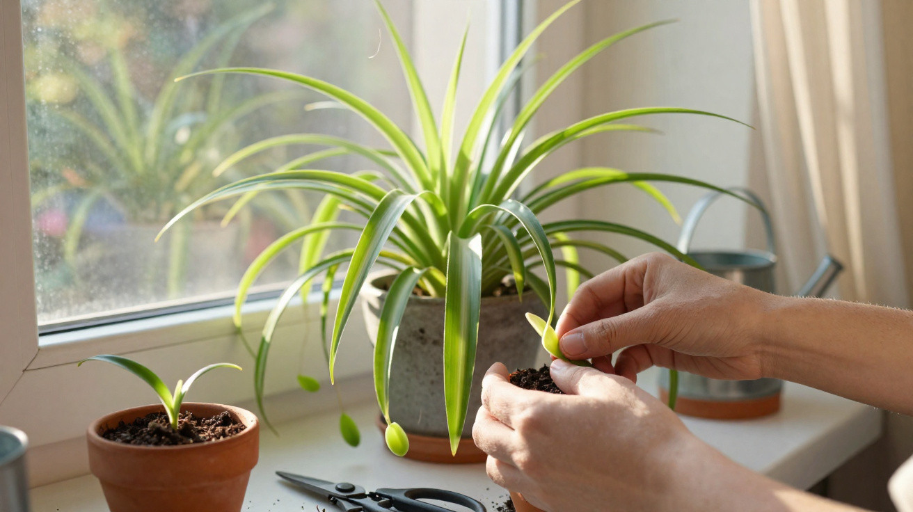 Hands potting a small plant on a windowsill beside a larger potted plant and gardening scissors in natural light.