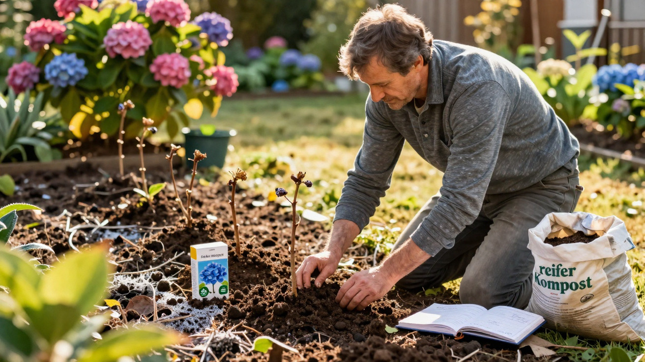 Man planting hydrangea stems in garden soil with compost bag and open notebook nearby in sunny garden.