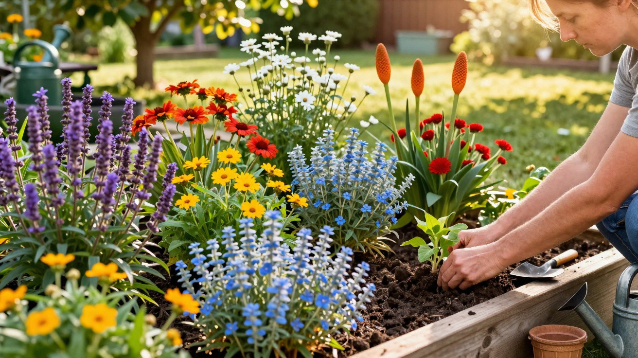 Person planting flowers in a garden bed filled with colourful purple, yellow, red, and blue blooms in sunlight.
