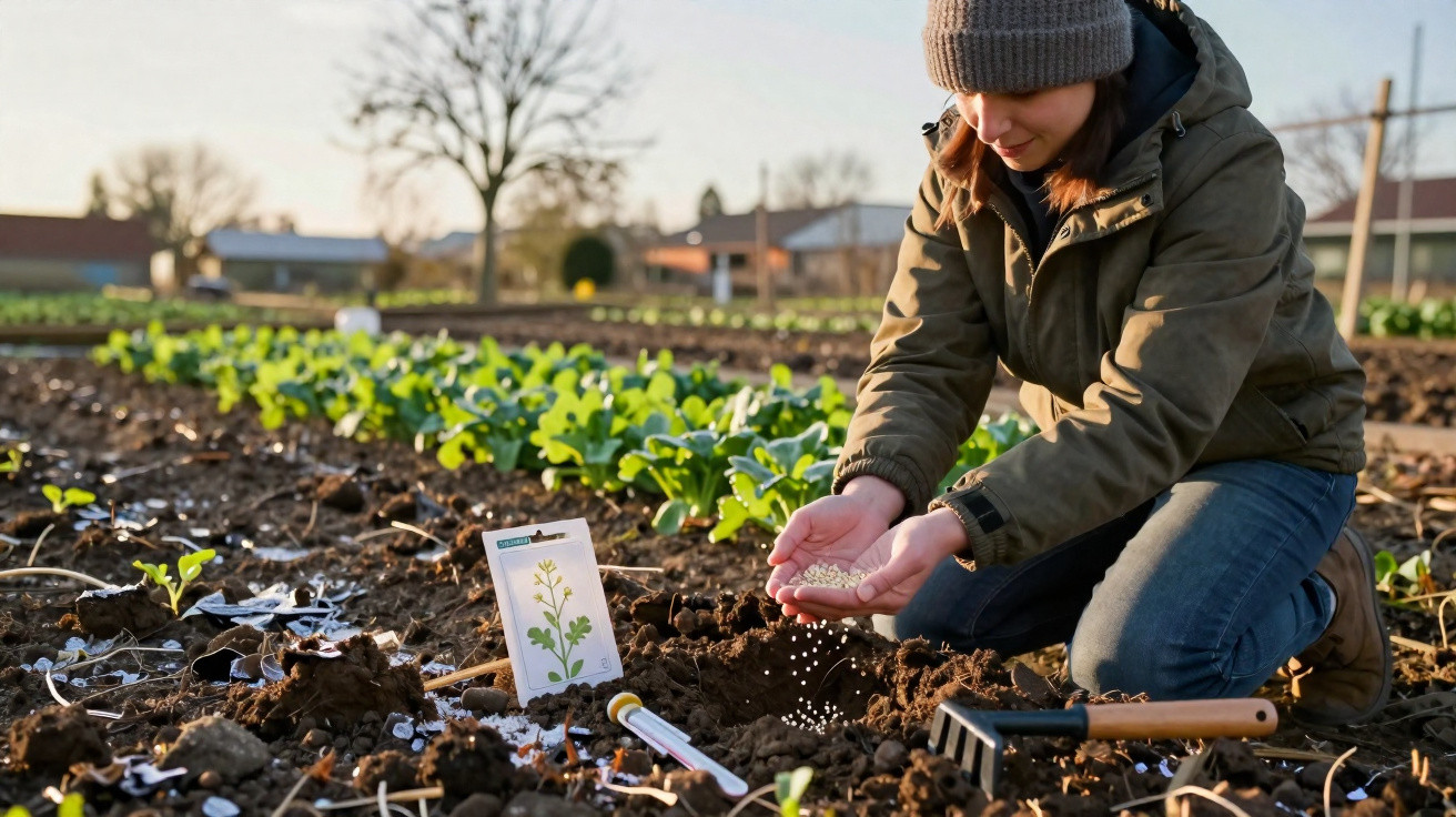 Person sowing seeds in a vegetable garden bed with green plants and gardening tools nearby.