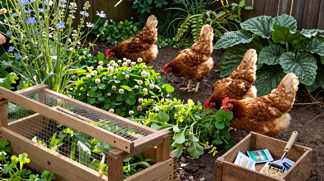 Four brown hens pecking among green plants in a garden with wooden gardening boxes nearby.