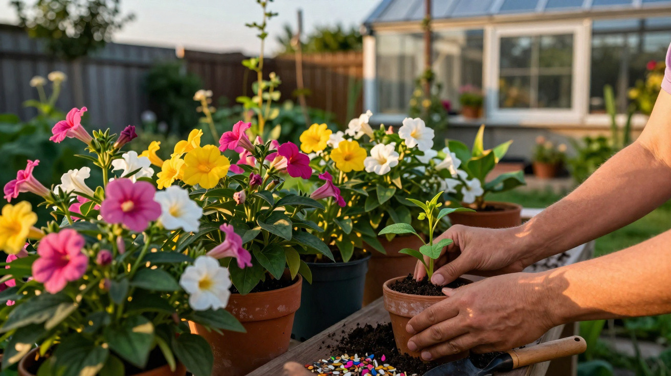 Hands planting a young flower seedling in a terracotta pot next to colourful potted flowers in a garden.