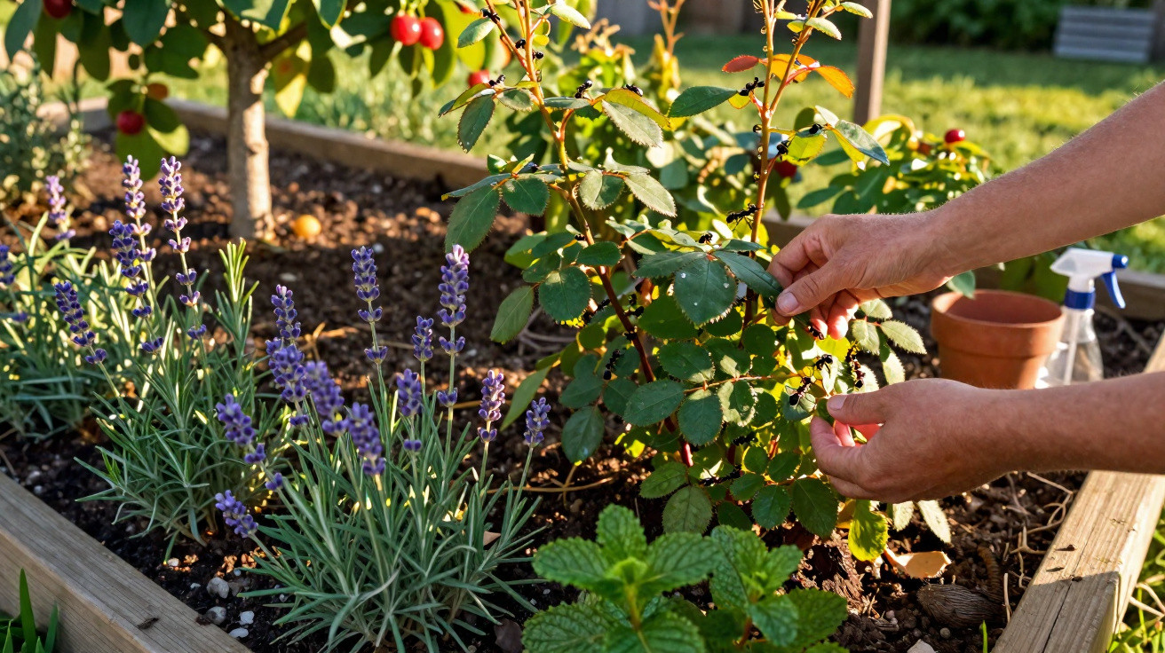 Hands tending to plants in a raised garden bed with lavender, mint, and a fruiting shrub in sunlight.