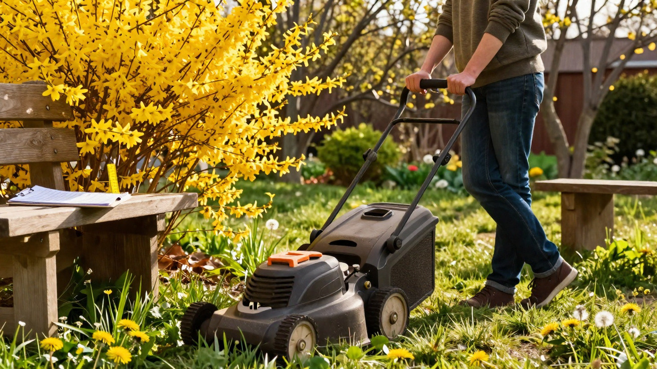 Person mowing a grassy garden with a lawn mower next to a wooden bench and yellow flowering bush.